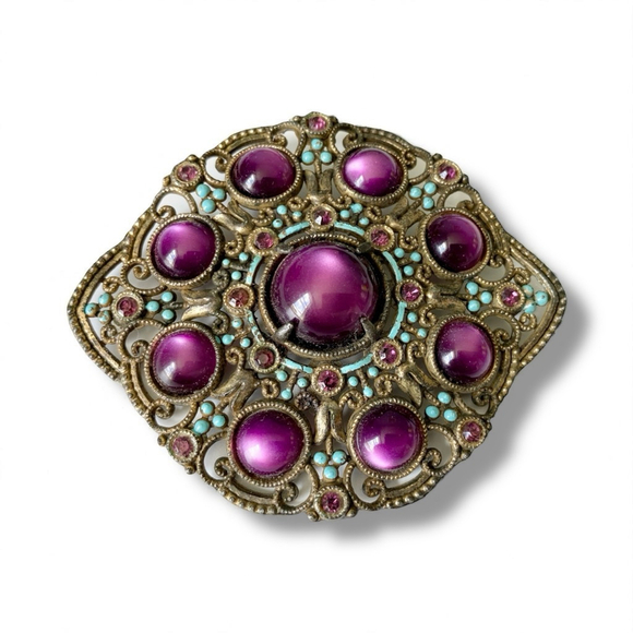 Large Antique Purple Cabochon Turquoise Enamel Austro Hungarian Brooch Sash Pin - Picture 2 of 7